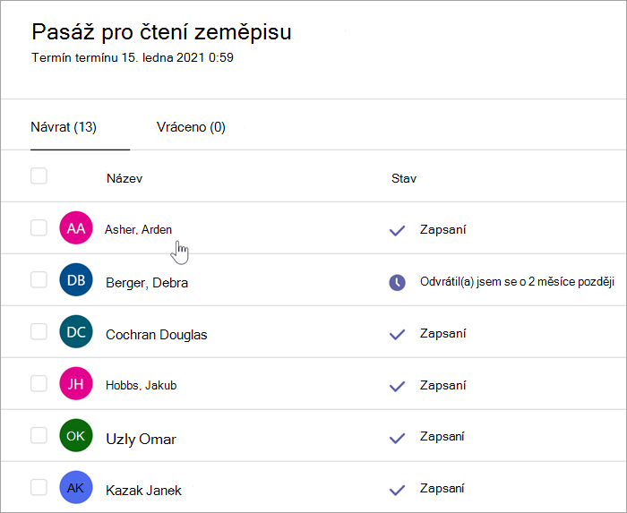 Snímek obrazovky s učitelovým podoknem známkování, kde vidíme: Čtení části textu zaměřeného na zeměpis, odevzdat nejpozději 15. ledna 2021 do 0:59, zobrazují se dvě karty, k odevzdání (13) a odevzdané (0). Je vybrané zobrazení karty 