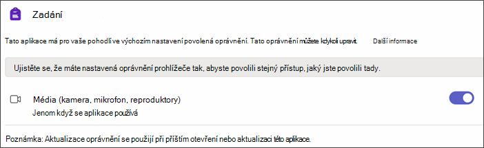 Snímek obrazovky s nastavením Teams po výběru Oprávnění aplikace. zobrazí se nastavení s názvem Média se zapnutým přepínačem.