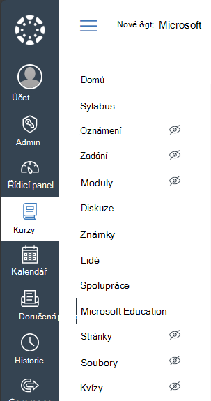 Výběr navigace kurzu Microsoft Education v systému Canvas
