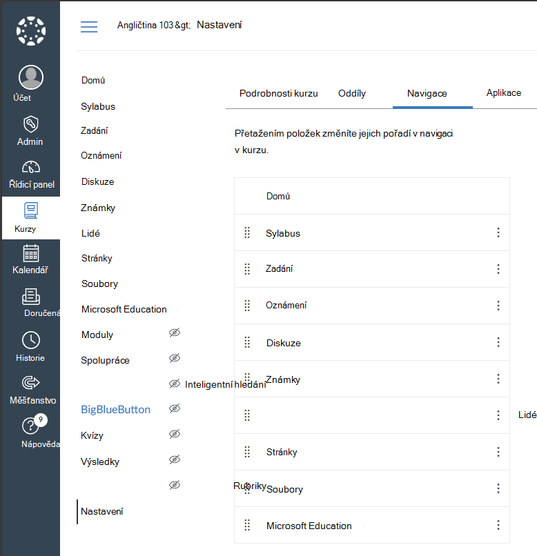 Povolení navigačních odkazů kurzu Microsoft Education v systému Canvas