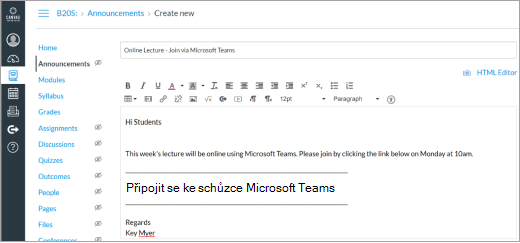 Odkaz na Microsoft Teams v příspěvku Canvas
