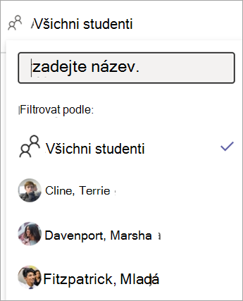 Rozevírací nabídka pro filtr studentů ve zprávě o stavu zadání