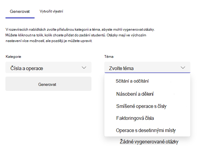 Snímek obrazovky s kartou Generovat