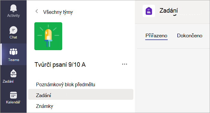 Výběrem karty Zadání zobrazíte zadání v jednom předmětu.