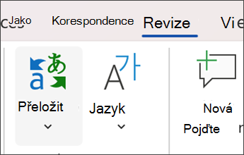 snímek obrazovky v Microsoft Wordu s výběrem možnosti Zkontrolovat a přeložit