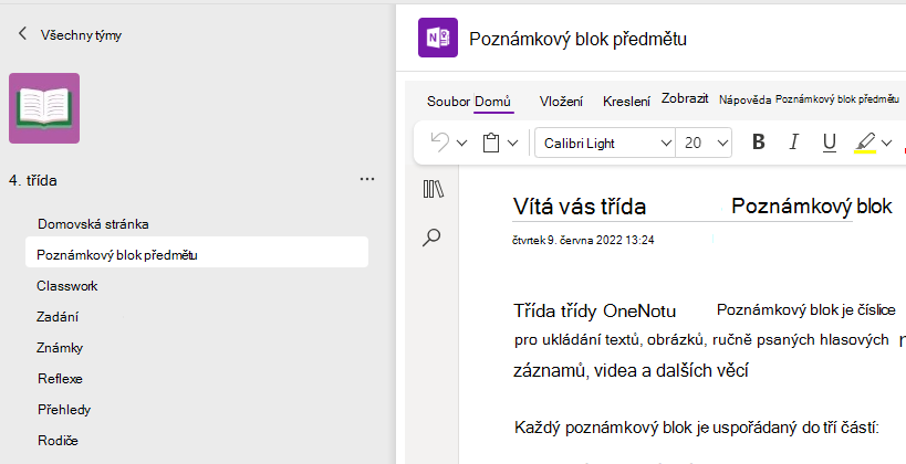 Snímek obrazovky s nastavením poznámkového bloku předmětu
