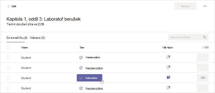Kurzor najíždějící na tlačítko Odevzdáno ve vybraném zadání v Microsoft Teams