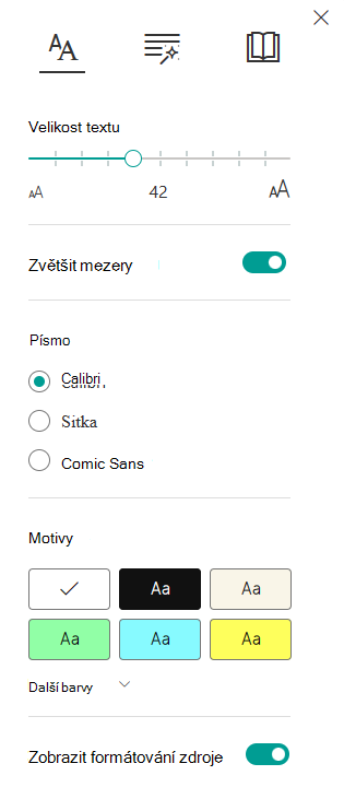 Snímek obrazovky s možnostmi textu.