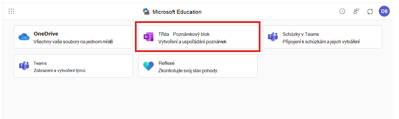 Aplikace Microsoft 365 LTI s vybraným poznámkovým blokem předmětu
