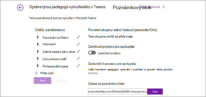Snímek obrazovky se stránkou správy nastavení poznámkového bloku pro pedagogy ve OneNotu