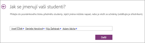 Přidejte jména studentů do poznámkového bloku předmětu ve OneNotu.