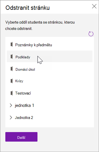 Zvolte oddíl studenta se stránkou, kterou chcete odstranit.
