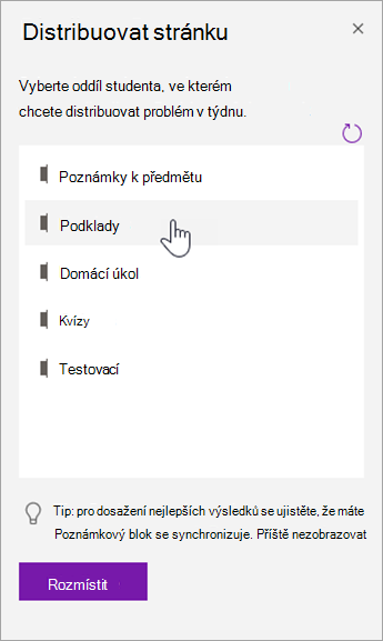 V podokně Distribuovat stránku zvolte oddíl studenta.