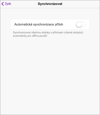 Vypnutí automatické synchronizace v nastaveních OneNotu na iPadu