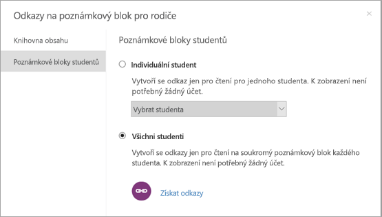 Vytvoření odkazů jen pro čtení pro jednotlivé poznámkové bloky studentů