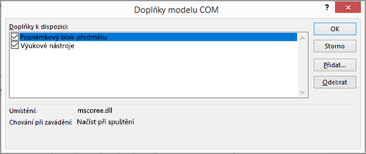 Podokno doplňků modelu COM