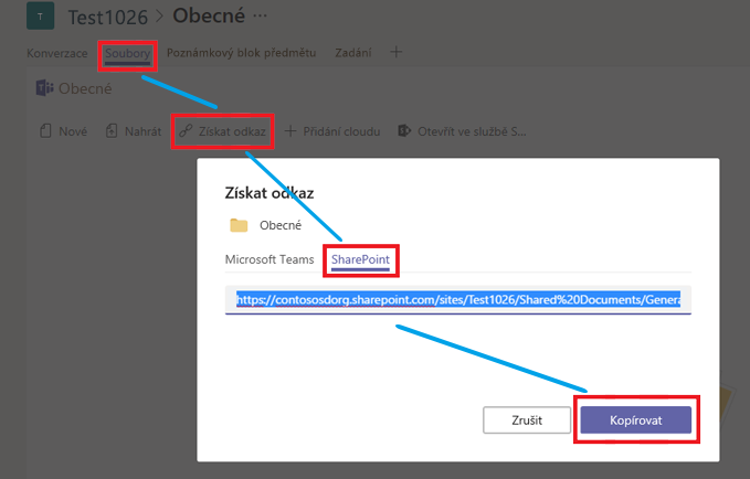 Klikněte na Files, pak na Získat odkaz, pak na SharePoint a nakonec na Kopírovat.