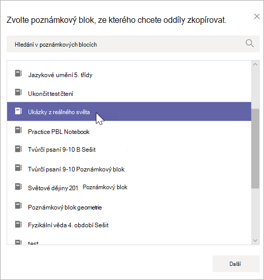 Zvolte poznámkový blok, ze kterého chcete oddíly zkopírovat.