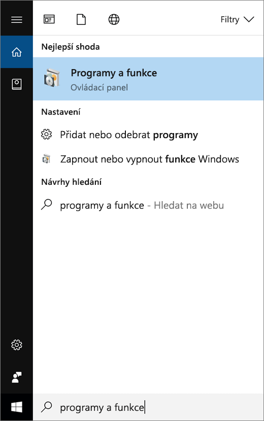 Otevření nabídky Start a zadání Programy a funkce