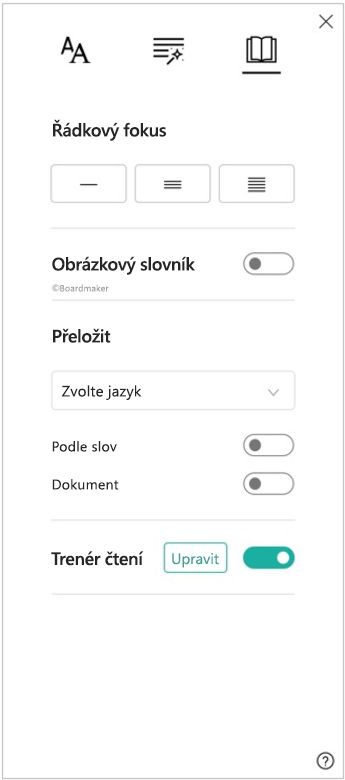 Snímek obrazovky s podoknem předvoleb čtení Asistivní čtečky zobrazující možnosti řádkového fokusu, obrázkového slovníku, překladu a trenéra čtení.