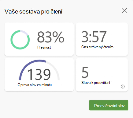 Snímek obrazovky s daty z relace trenéra čtení, přesností, časem stráveným čtením, správnými slovy za minutu a počtem slov, která se mají procvičit.