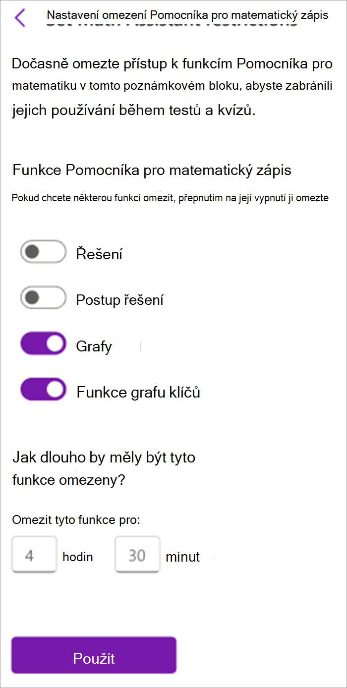 Snímek obrazovky s panelem Matematické asistent pro vyučující v poznámkovém bloku předmětu Tady můžete zapnout nebo vypnout nástroje v matematickém asistentovi včetně řešení, kroků řešení, grafů a funkcí klíčových grafů.