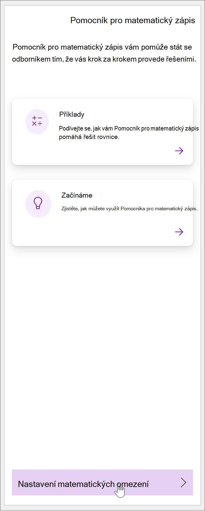 Snímek obrazovky s podoknem pro matematiku ve OneNotu Kurzor se vznáší nad tlačítkem Nastavit matematická omezení