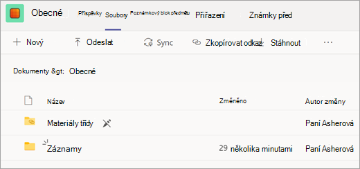 Karta Soubory týmu třídy se složkou Nahrávky