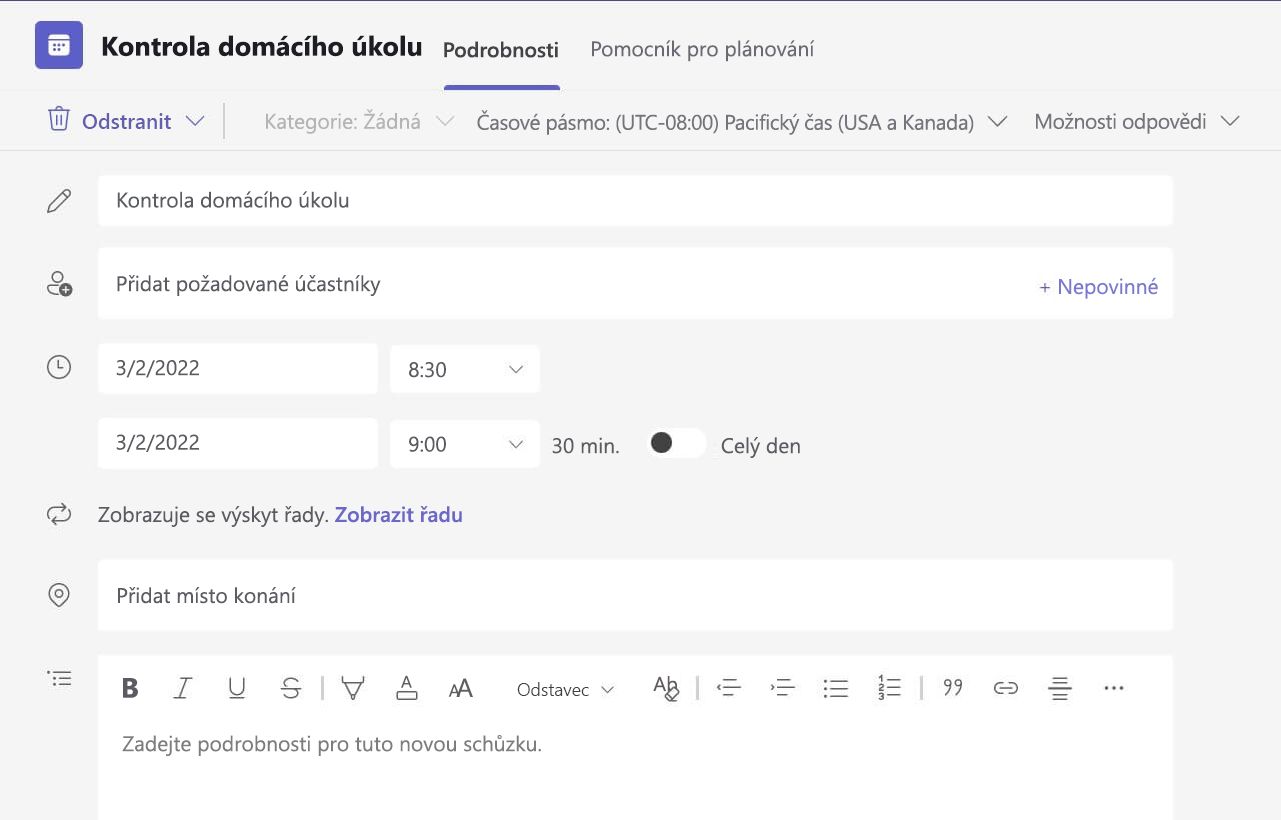 Snímek obrazovky, na kterém nejsou žádné podrobnosti o schůzce ve webové verzi Teams.