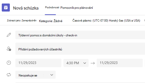 Snímek obrazovky nové schůzky.