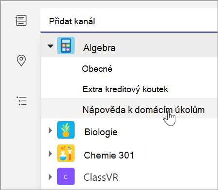 Snímek obrazovky, který ukazuje, jak zvolit týmový kanál pro váš předmět.