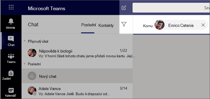 Snímek obrazovky ukazující zahájení nového chatu.
