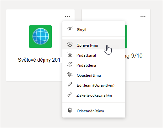 Upravte nabídku a nastavení pro tým.