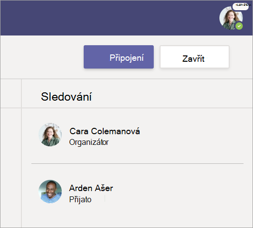 Snímek obrazovky, na kterém vidíte možnost Připojit se pro připojení ke schůzce