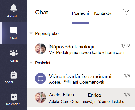 Snímek obrazovky, který ukazuje výběr možnosti Chat z panelu aplikace.