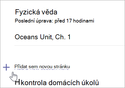 Snímek obrazovky se stránkou poznámkového bloku předmětu s možností přidat nový oddíl