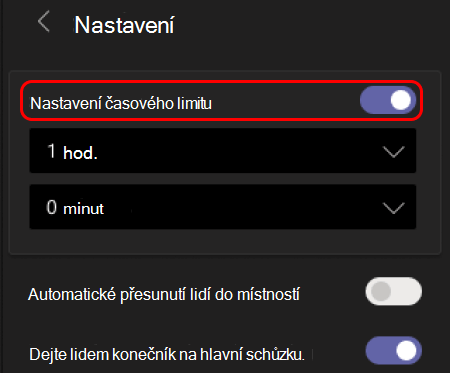 Obrázek ukazuje, jak nastavit časový limit pro skupinové místnosti.