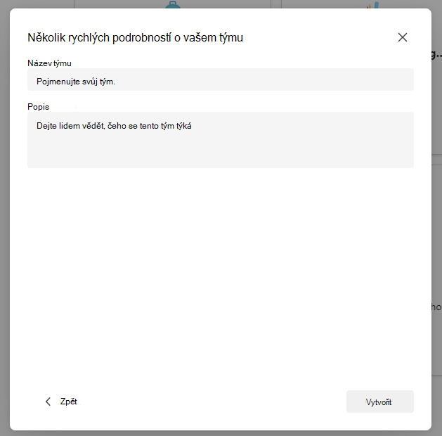 Snímek obrazovky s nastavením týmu.