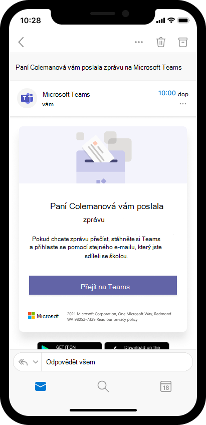 Snímek obrazovky s e-mailem na mobilním zařízení, který vyzývá rodiče k otevření zprávy vyučujícího v Teams.