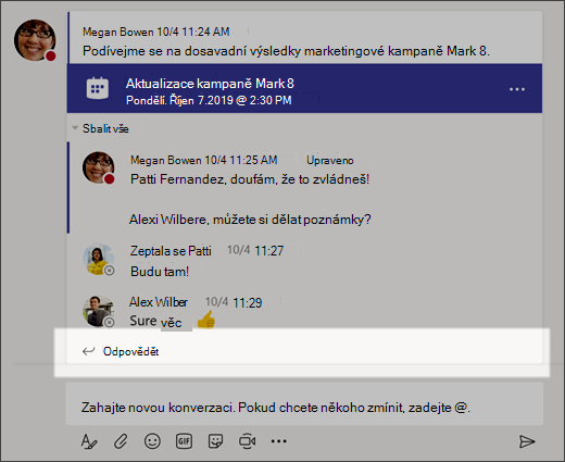 Snímek obrazovky s odpovědí na konverzaci