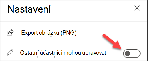 Snímek obrazovky zobrazující panel Nastavení s vypnutým přepínačem Ostatní účastníci můžou upravovat.