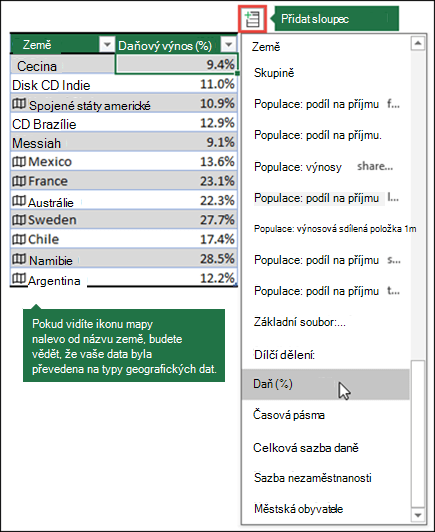 K datovému typu Zeměpis můžete přidat sloupec výběrem vlastnosti z tlačítka Přidat sloupec.