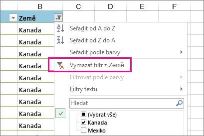 Tlačítko Vymazat filtr z