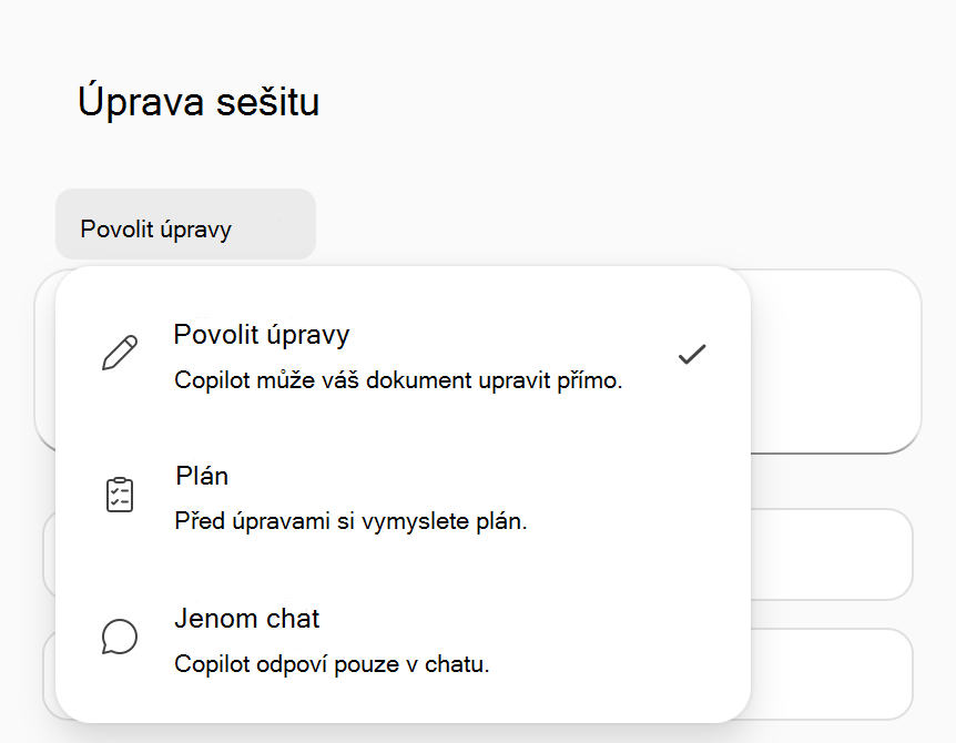 Snímek obrazovky s nabídkou možností režimu Copilot v Excelu.