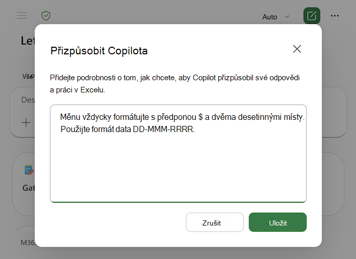 Snímek obrazovky dialogového okna přizpůsobení Copilot v Excelu včetně příkladů v textové oblasti.