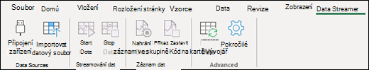 Panel nabídek doplňku Data Streamer v Excelu