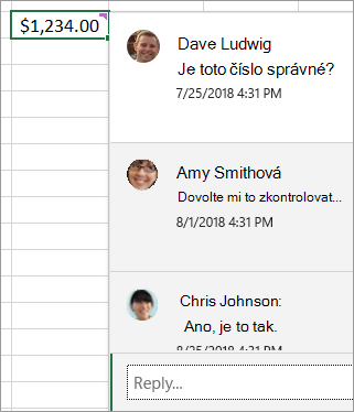 Buňka s částkou 1 234,00 Kč a s připojeným komentářem s vláknem: Dave Ludwig: Je toto číslo správné? Amy Smith: Dovolte mi to zkontrolovat... a tak dále