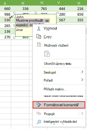 Komentář naformátujete tak, že vyberete text, který chcete formátovat, a pak kliknete pravým tlačítkem a vyberete Formátovat komentář.