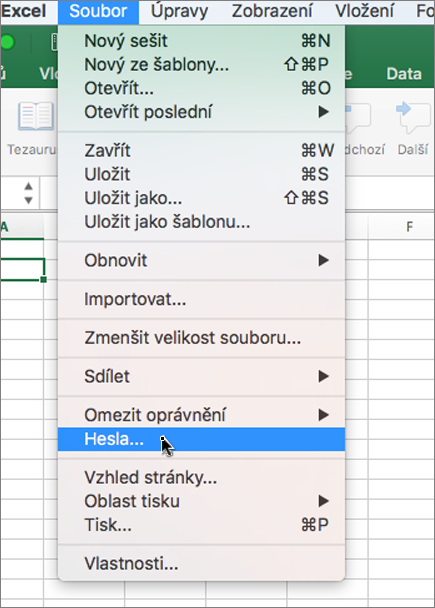 Možnost Heslo v nabídce Soubor