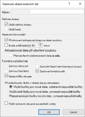 Příklad dialogového okna Vlastnosti oblasti externích dat